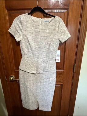 NWT! Calvin Klein Cream Tweed Peplum Pencil Dress